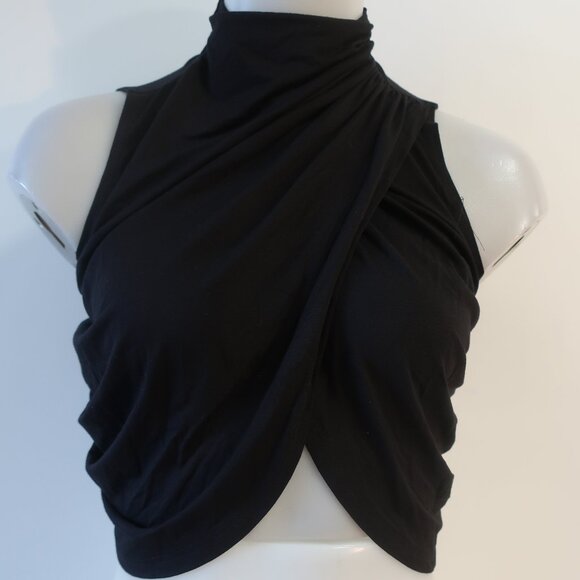 NWT Womens Le Bop Mel Black Sleeveless Draped Mock Neck Cropped Tank Top S - Picture 2 of 9